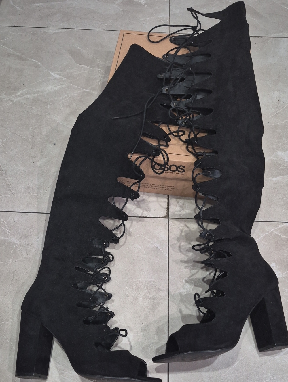 ASOS Black Lace-Up Over-the-Knee Peep-Toe Block Heel Boots